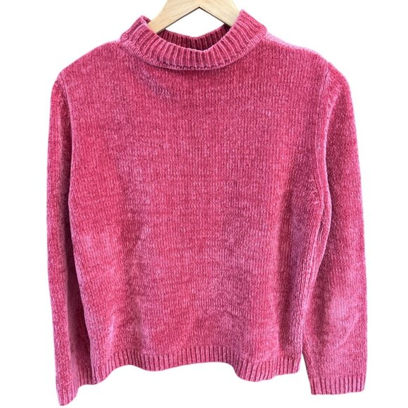 Vintage Pink Retro Chenille Mock Neck Sweater Embroidered Flowers Large Cottage - Picture 5 of 6